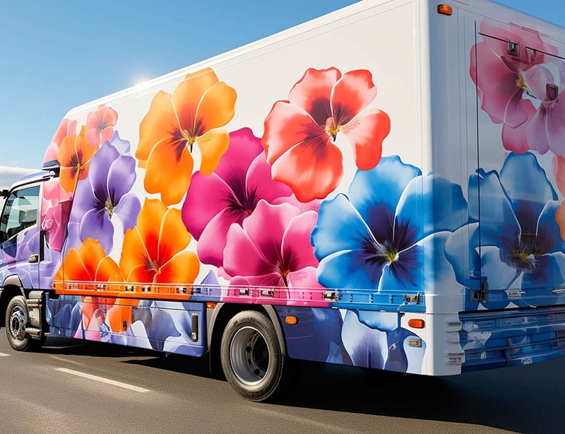 Camion de livraison blanc entièrement recouvert d'un adhésif floral vibrant. Grosses fleurs stylisées oranges, violettes, roses, rouges et bleues.