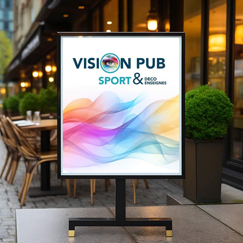 Enseigne publicitaire lumineuse Vision Pub Sport & Déco Enseignes sur un trottoir, devant la terrasse d'un restaurant. Le fond est un dégradé abstrait coloré.