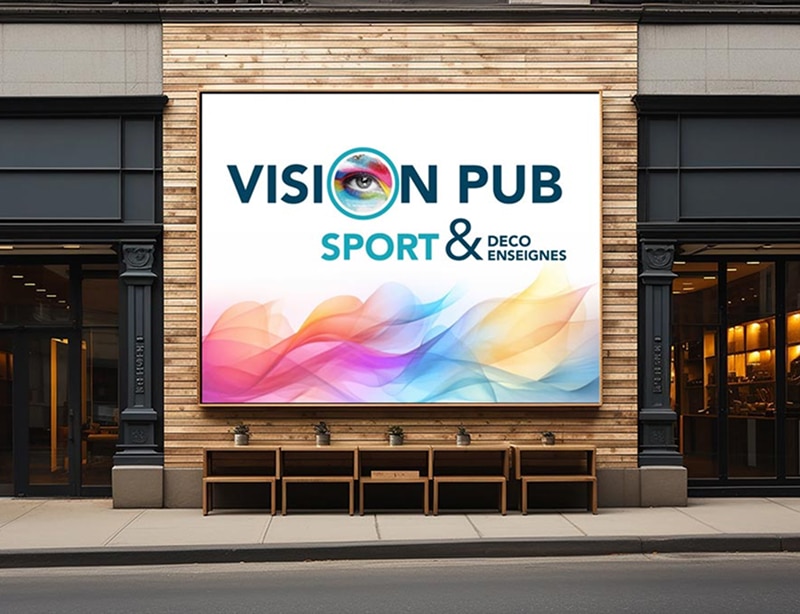 Grande enseigne murale VISION PUB avec œil, SPORT & DECO ENSEIGNES et motifs colorés, sur façade en bois d'un commerce. Bancs extérieurs.