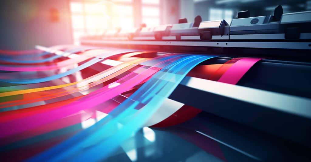 Machine industrielle imprimant des bandes multicolores vives (bleu, rose, orange) en mouvement rapide, symbolisant la production dynamique.