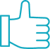 Main stylisée, pouce en l'air, symbole d'approbation, succès ou 'J'aime'. Icône pixelisée bleu-vert.