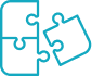 Contour de trois pièces de puzzle turquoises, deux connectées et une troisième sur le point de s'assembler, symbolisant l'intégration.