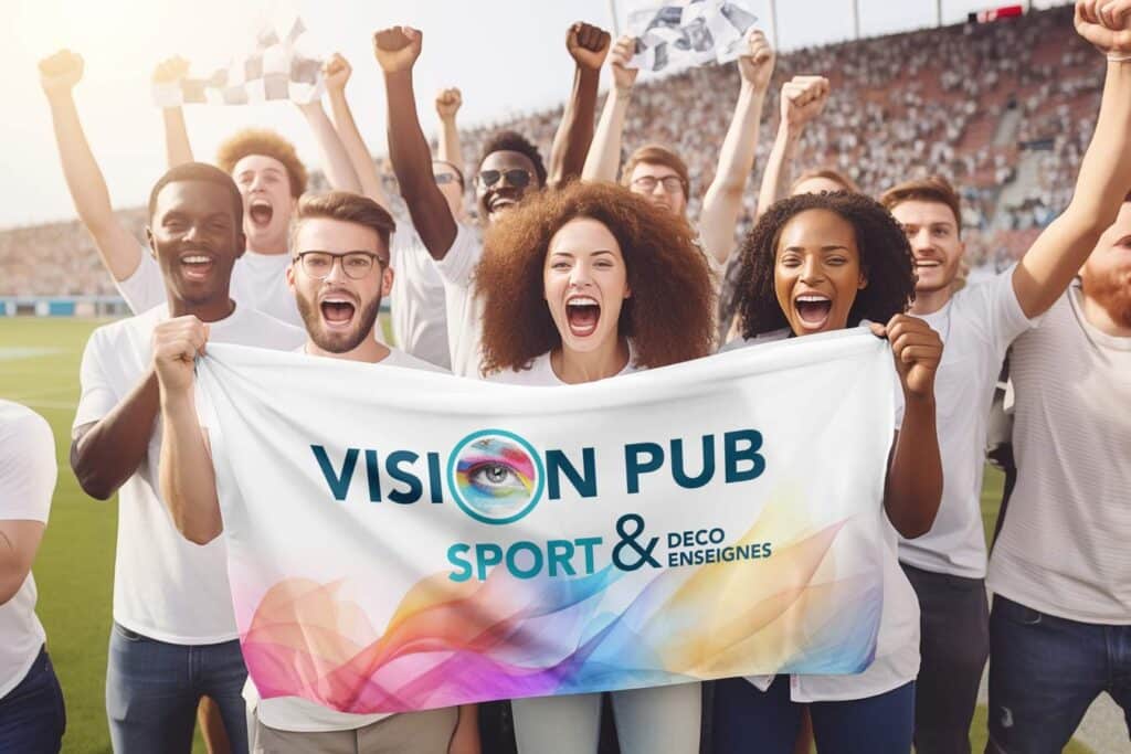 Fans enthousiastes brandissant une bannière Vision Pub Sport & Déco Enseignes dans un stade, bras levés et souriants.