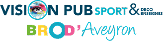 Logo Vision Pub Sport & Déco Enseignes. L'œil coloré remplace le O de Vision. En bas, Brod'Aveyron aux lettres multicolores et écriture cursive.
