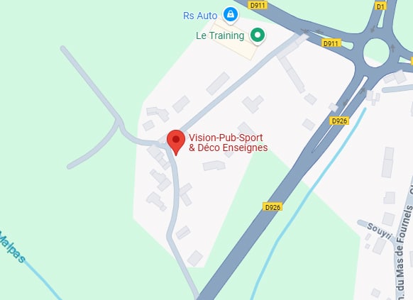 Carte de localisation de Vision-Pub-Sport & Déco Enseignes, près de Rs Auto, Le Training et des routes D911, D1, D926.