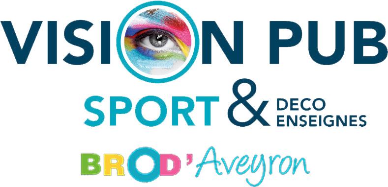 Logo Vision Pub avec œil coloré, texte Sport & Déco Enseignes, et Brod'Aveyron en couleurs. Services de pub et broderie.